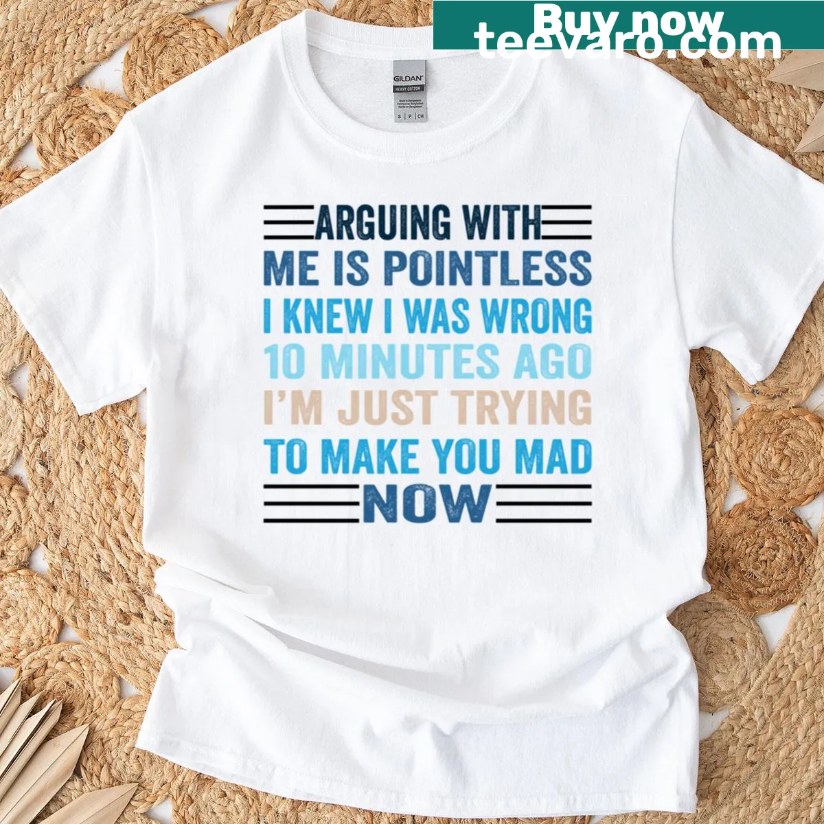 Bold text quote about arguing with humorous tone on T-shirt — on a men's t-shirt