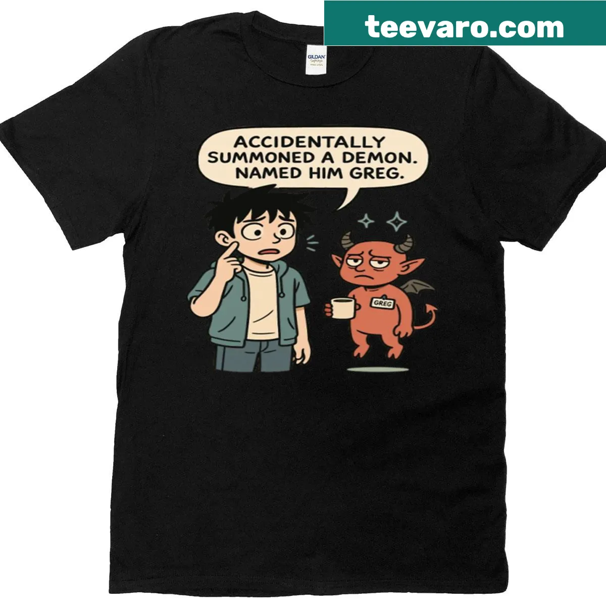 Oversized T-shirt with a funny graphic of a character named Greg the Demon — on a men's t-shirt