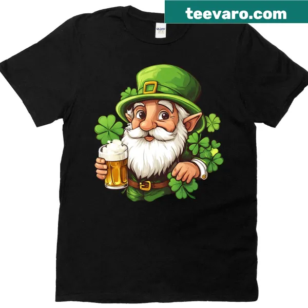 Whimsical T-shirt featuring a leprechaun with beer and shamrocks