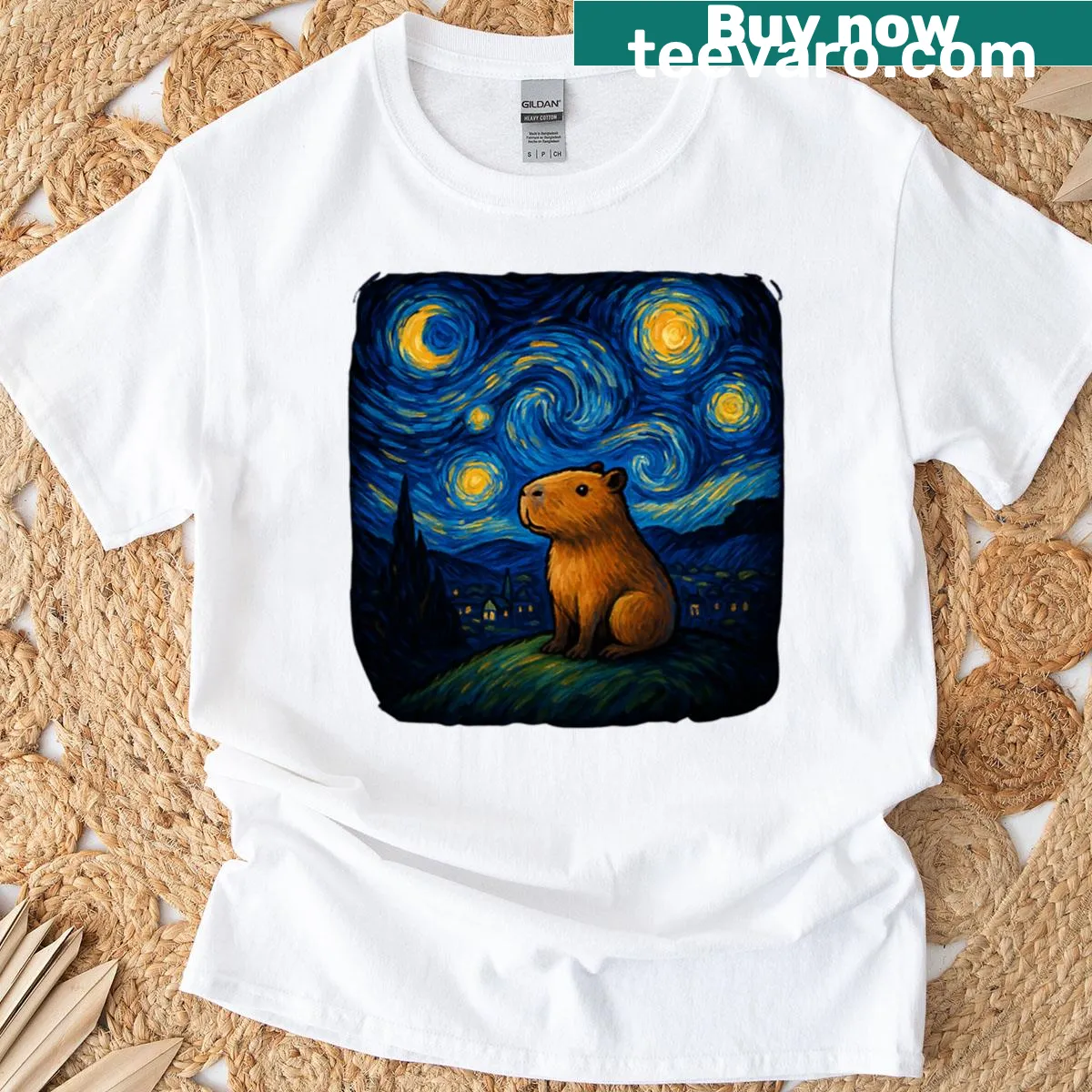 Oversized T-shirt featuring a capybara in a Starry Night parody — on a men's t-shirt