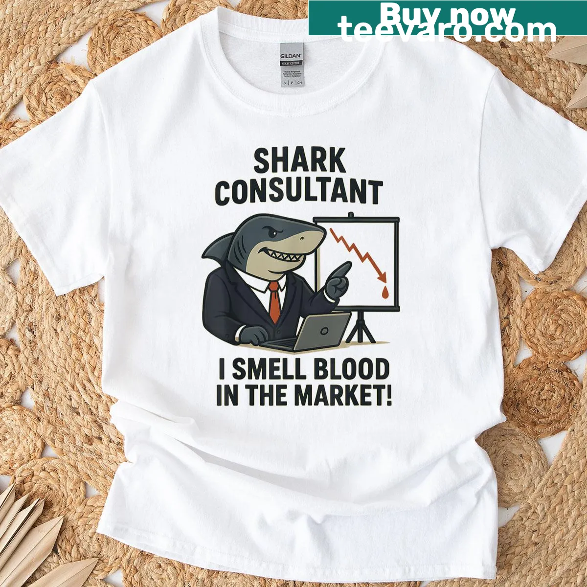 Illustration of a shark in a suit representing stock market humor — on a men's t-shirt