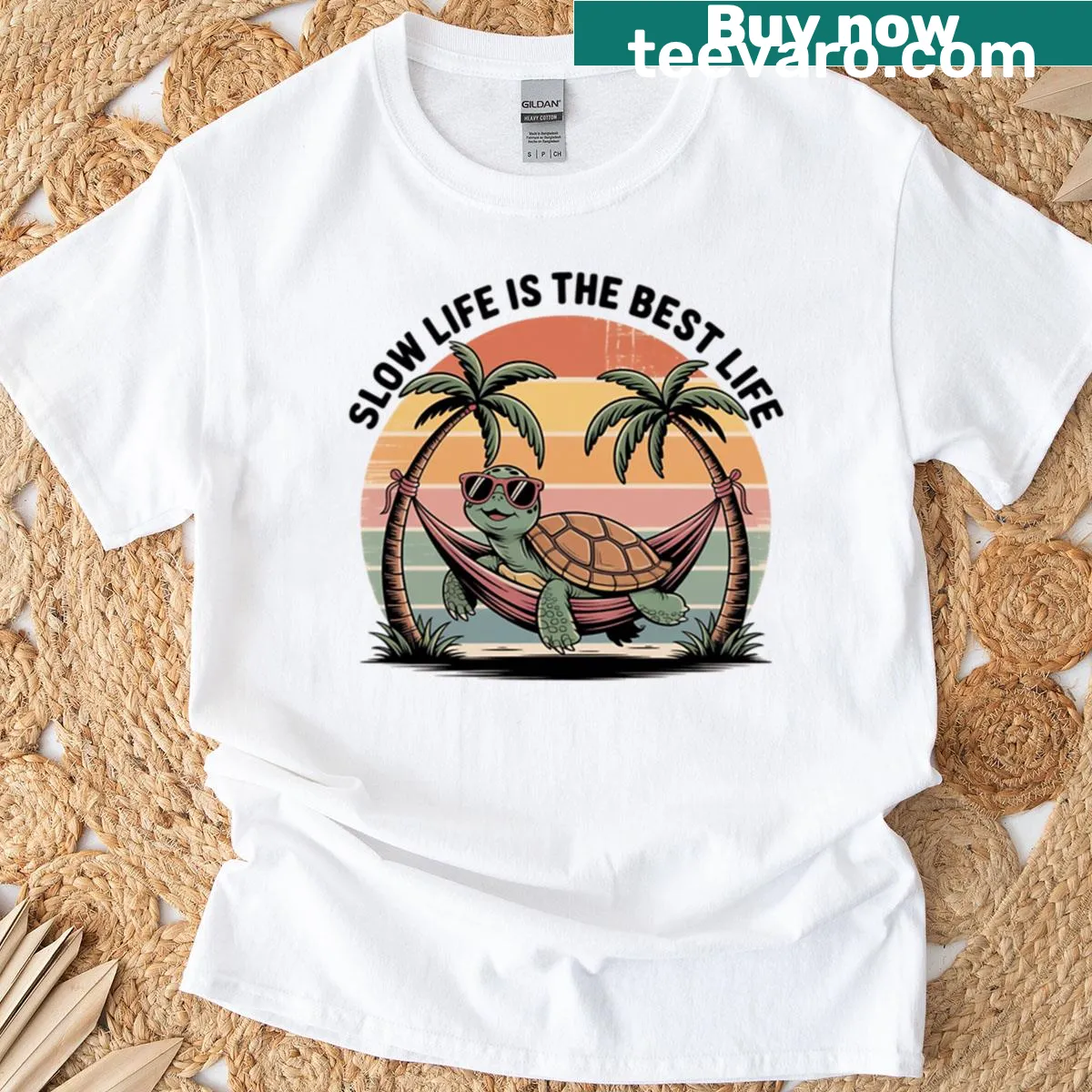 T-shirt with a summer-themed phrase about enjoying a slow life — on a men's t-shirt