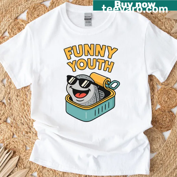 Youth T-shirt with a quirky cartoon sardine graphic