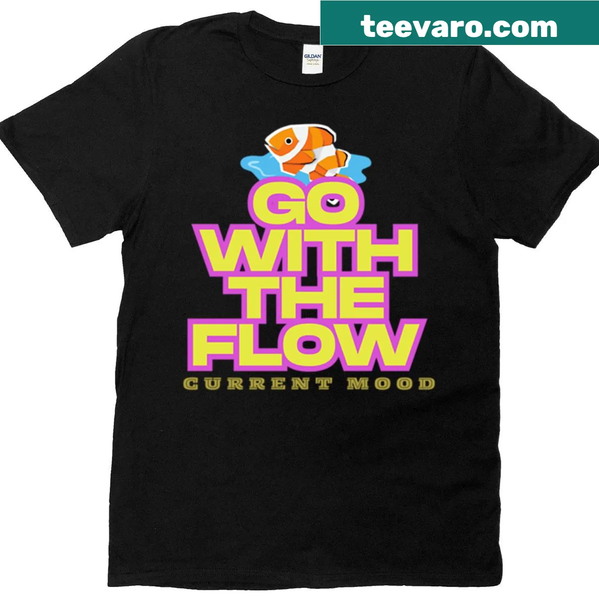 Text graphic on a t-shirt saying 'Go With The Flow' — on a men's t-shirt