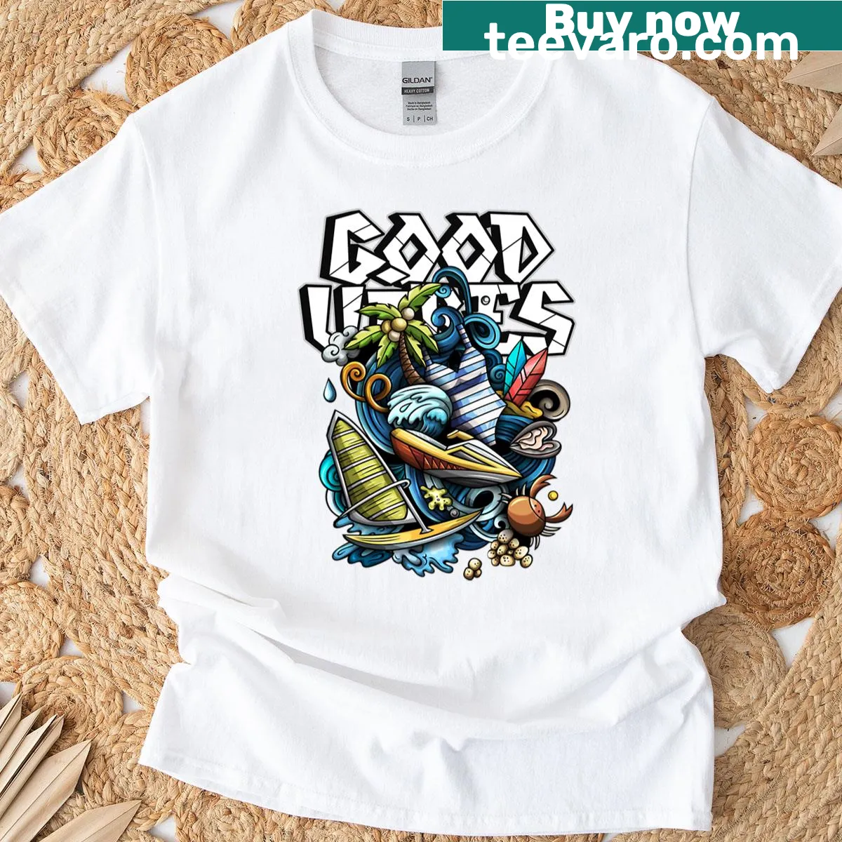 T-shirt featuring a positive 'Good Vibes' text design — on a men's t-shirt