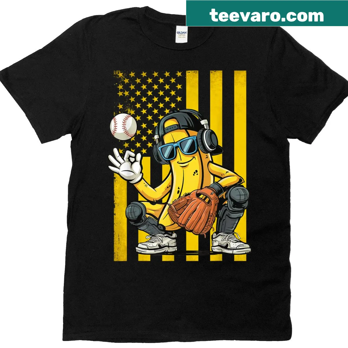 Retro T-shirt featuring a banana design with American flag theme — on a men's t-shirt