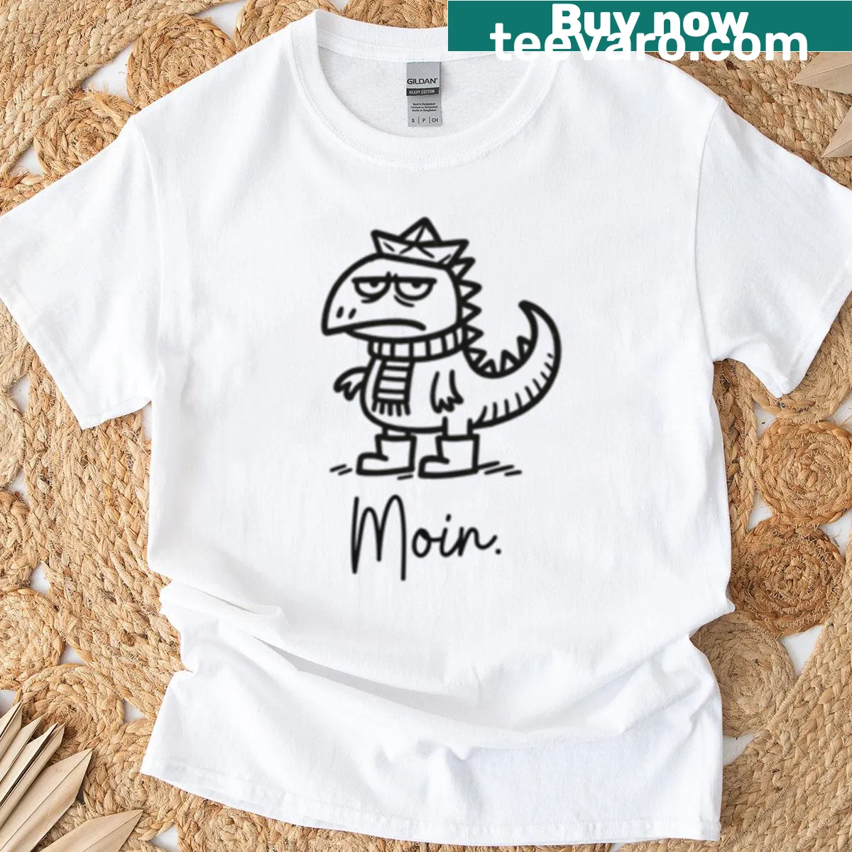 Cute T-shirt with grumpy dinosaur holding a paper boat — on a men's t-shirt