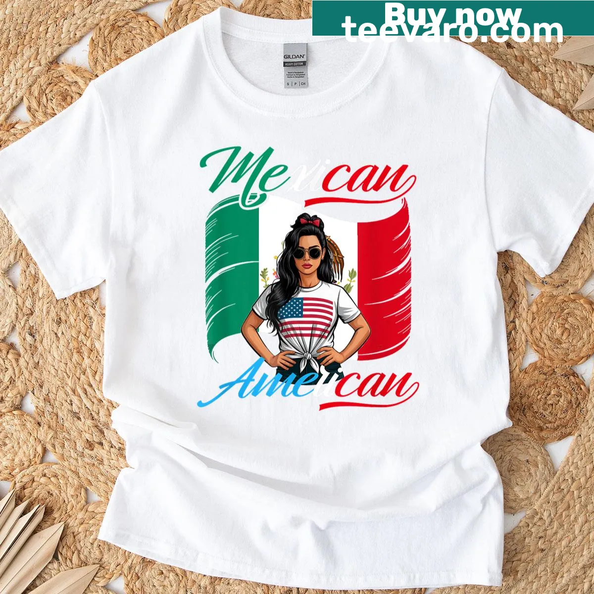 T-shirt with a design combining USA and Mexican flag elements — on a men's t-shirt