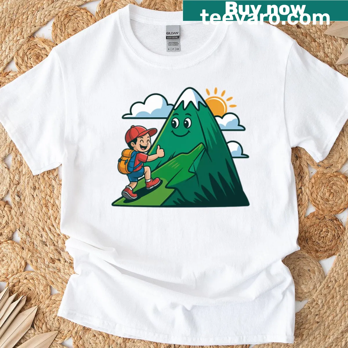 Cheerful t-shirt featuring a happy hiker with a smiling mountain graphic. — on a men's t-shirt