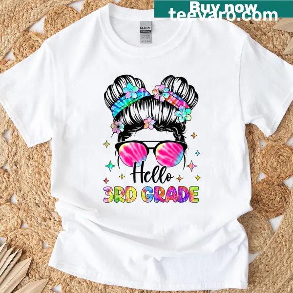 Cute cartoon girl with messy hair bun on a back-to-school t-shirt