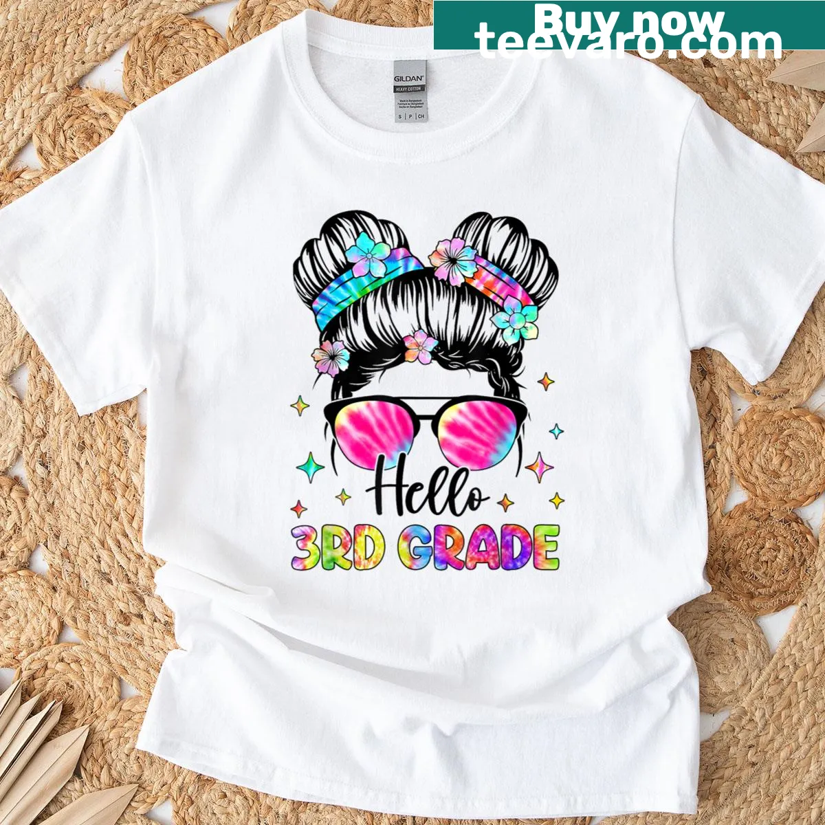 Cute cartoon girl with messy hair bun on a back-to-school t-shirt — on a men's t-shirt