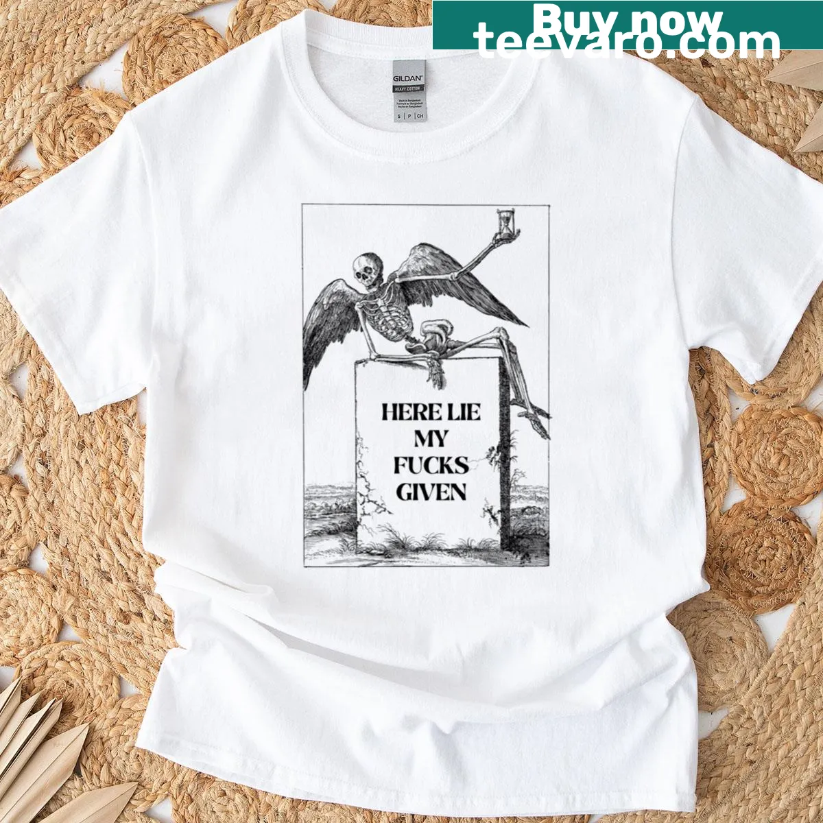 Oversized T-shirt with humorous text about not caring — on a men's t-shirt