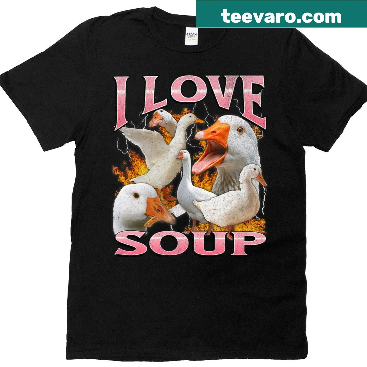 Graphic tee featuring a funny goose meme about soup — on a men's t-shirt