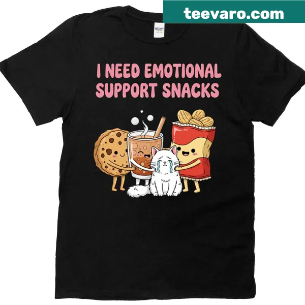 Oversized T-shirt with a cute cat supporting snacks illustration