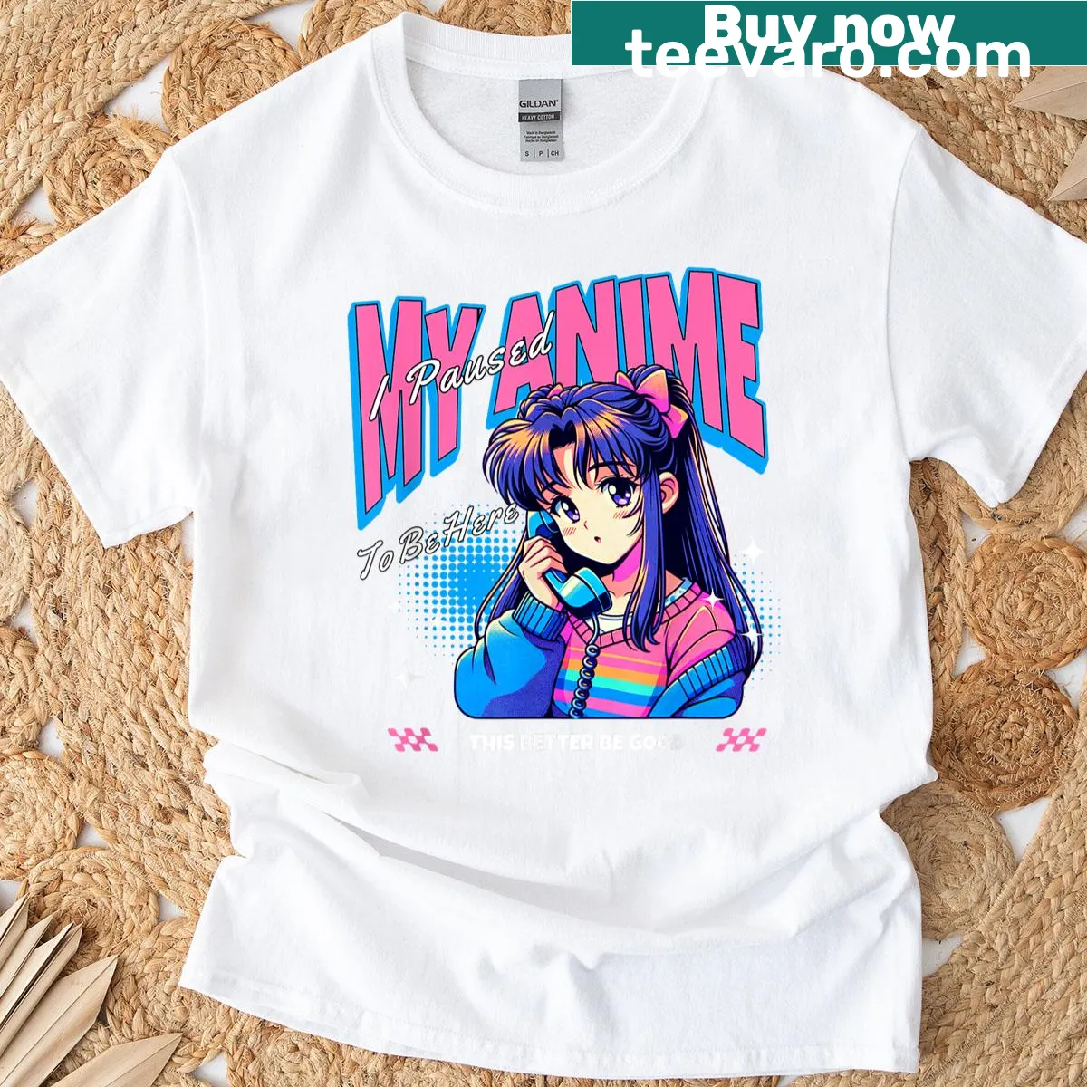 T-shirt with playful phrase about pausing anime for real life — on a men's t-shirt