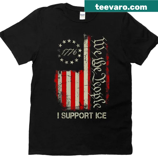 Vintage-style t-shirt with American flag and 'I Support Ice' text