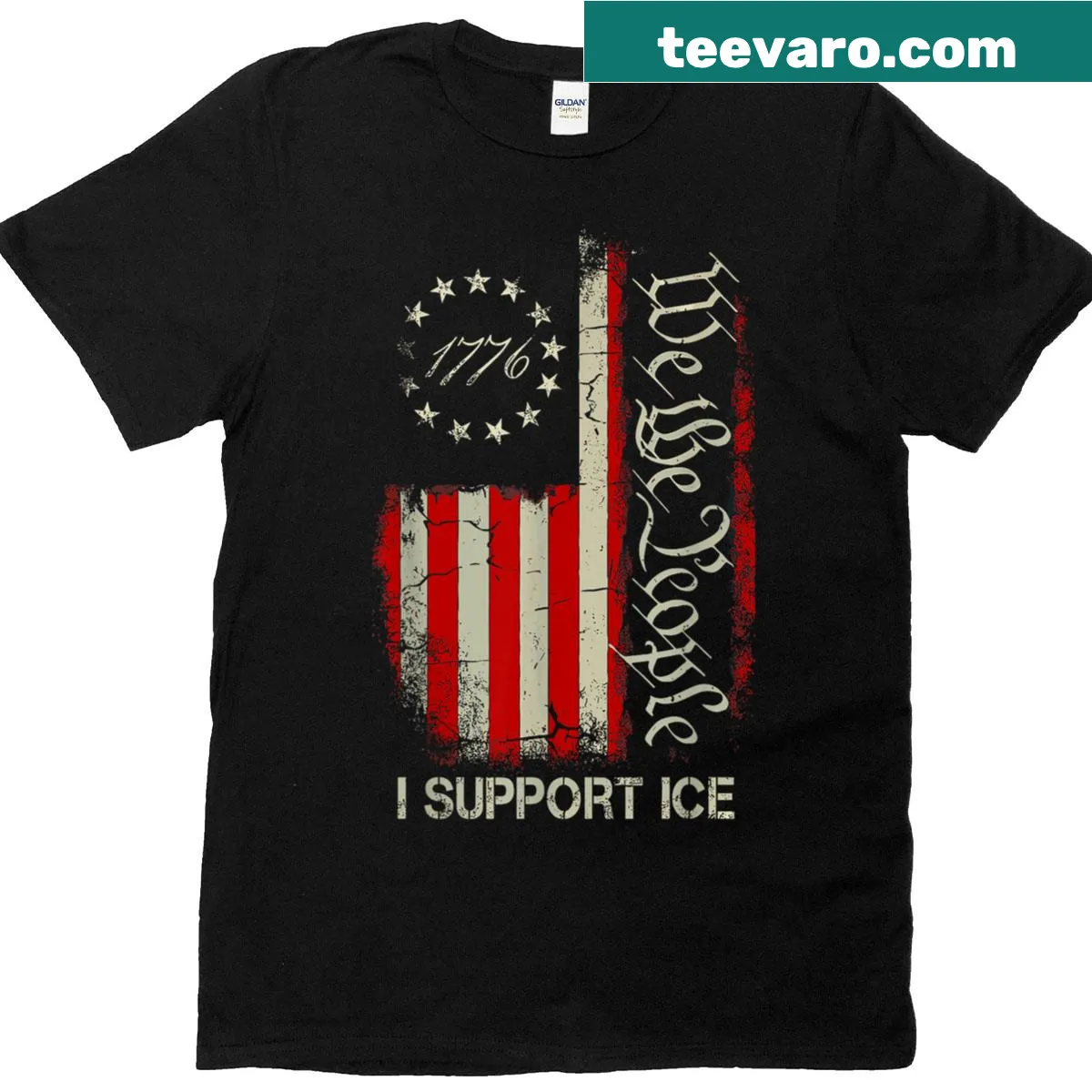 Vintage-style t-shirt with American flag and 'I Support Ice' text — on a men's t-shirt