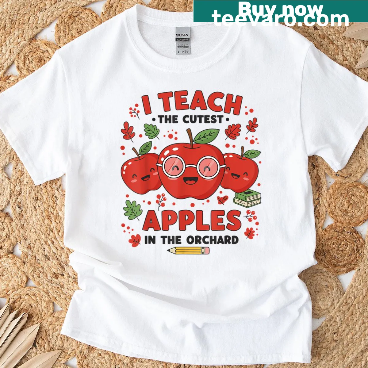 Cute teacher T-shirt with 'I Teach The Cutest Apples In The Orchard' text — on a men's t-shirt
