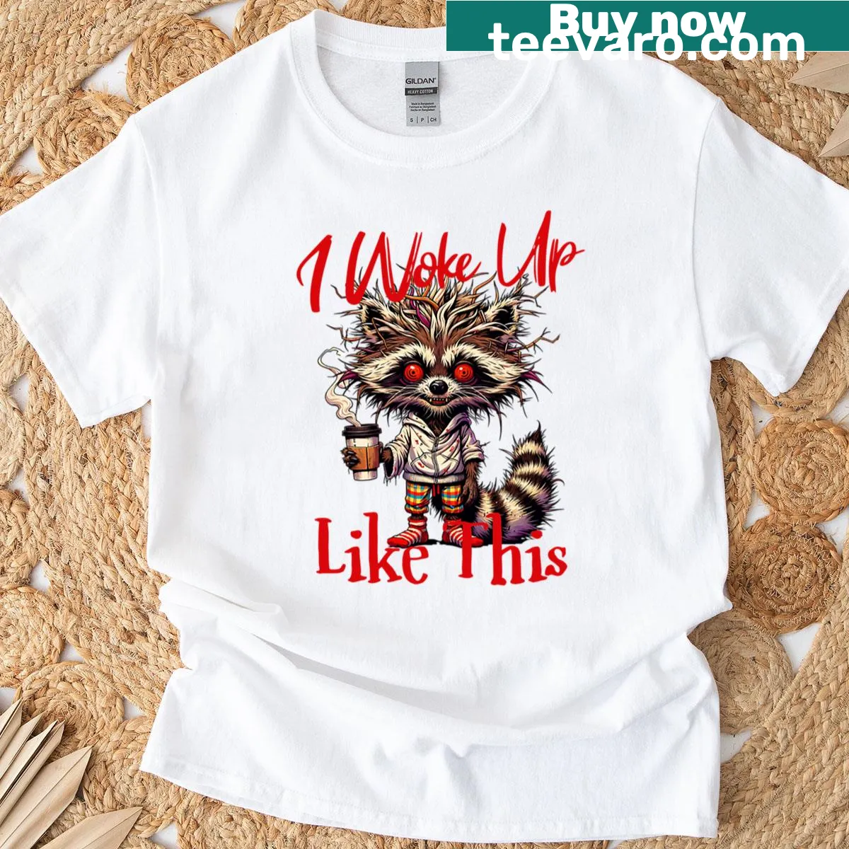 Funny T-shirt with raccoon graphic and 'I Woke Up Like This' text — on a men's t-shirt
