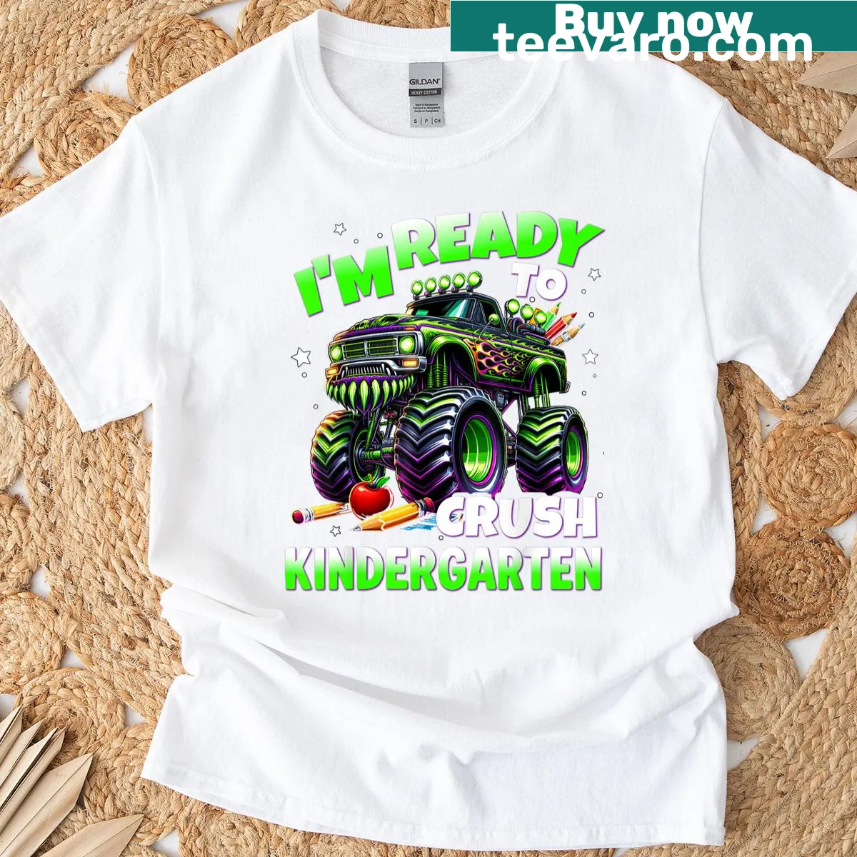 Cartoon monster truck design on kindergarten boys T-shirt — on a men's t-shirt