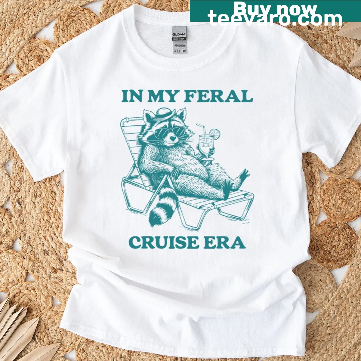 Illustrated T-shirt featuring raccoons on a family vacation — on a men's t-shirt