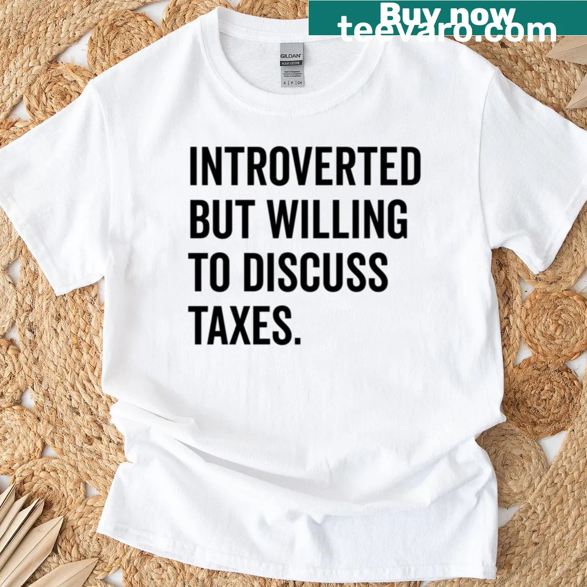 Funny oversized t-shirt with 'Introverted But Willing To Discuss Taxes' text — on a men's t-shirt