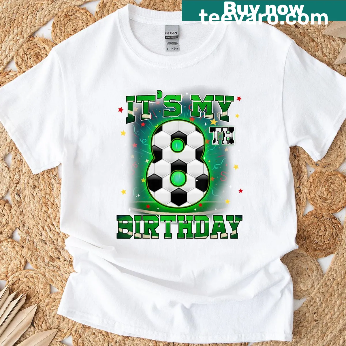 Soccer-themed birthday T-shirt for 8-year-old boys — on a men's t-shirt