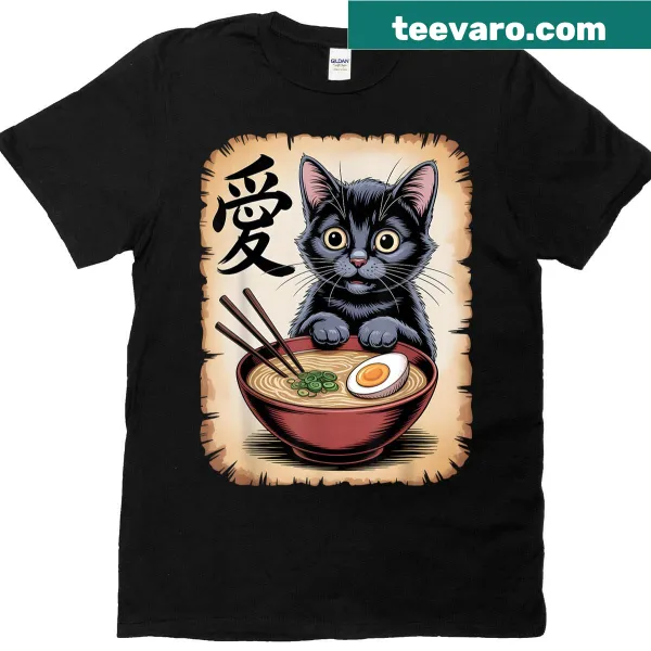 Kawaii anime cat t-shirt with cat eating ramen