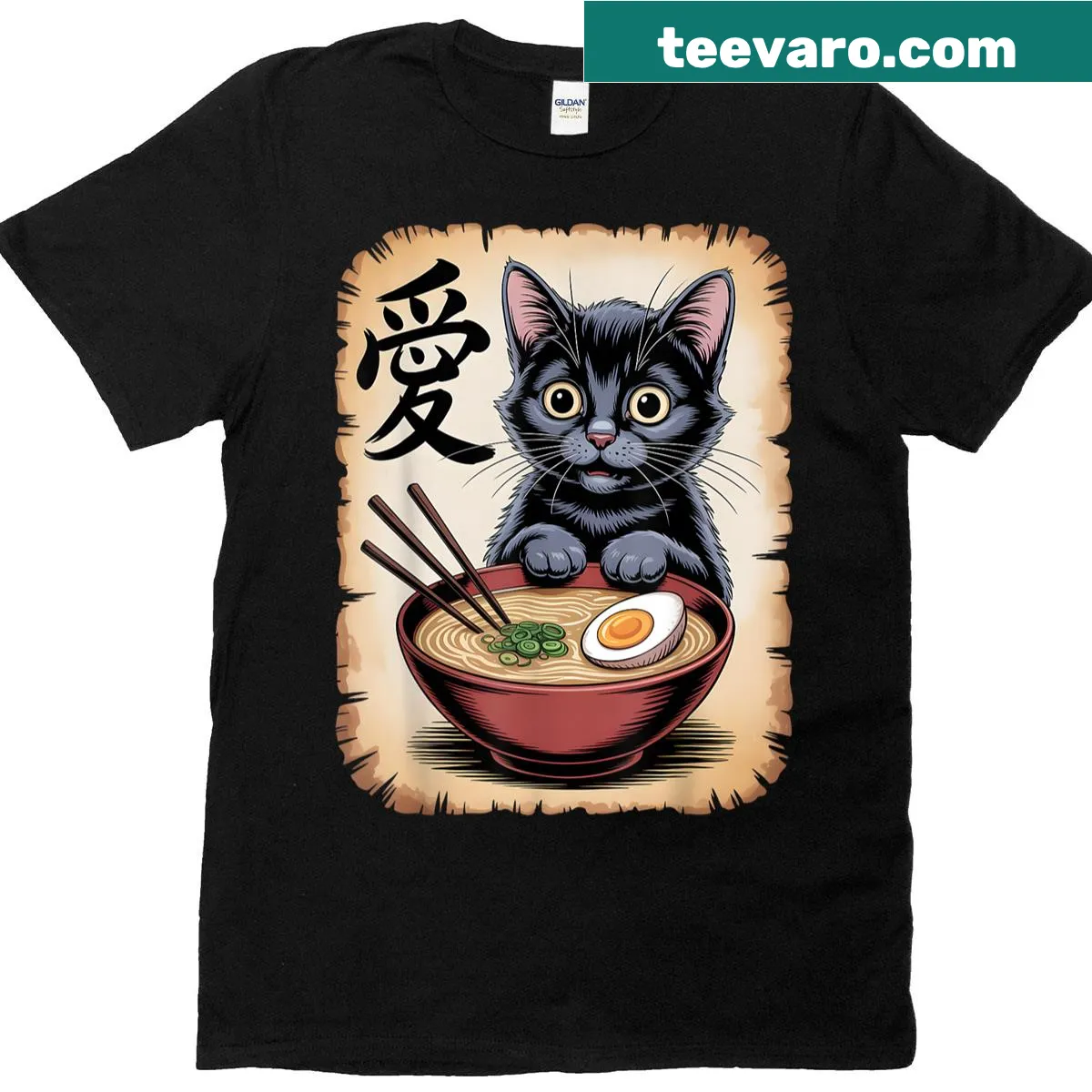 Kawaii anime cat t-shirt with cat eating ramen — on a men's t-shirt