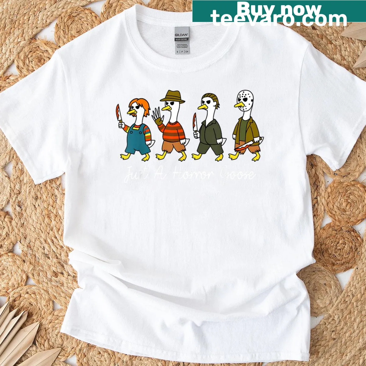 Halloween t-shirt featuring a humorous horror goose design — on a men's t-shirt
