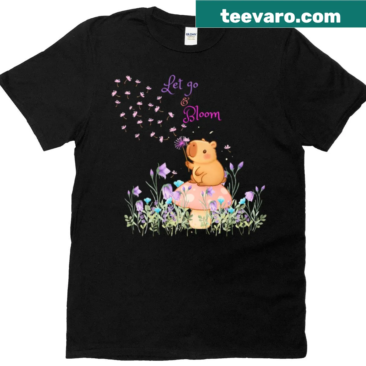 Inspirational Let Go And Bloom t-shirt with elegant typography — on a men's t-shirt