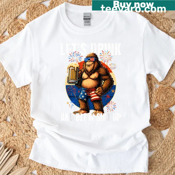 Bigfoot illustration with beer and festive text for Fourth of July