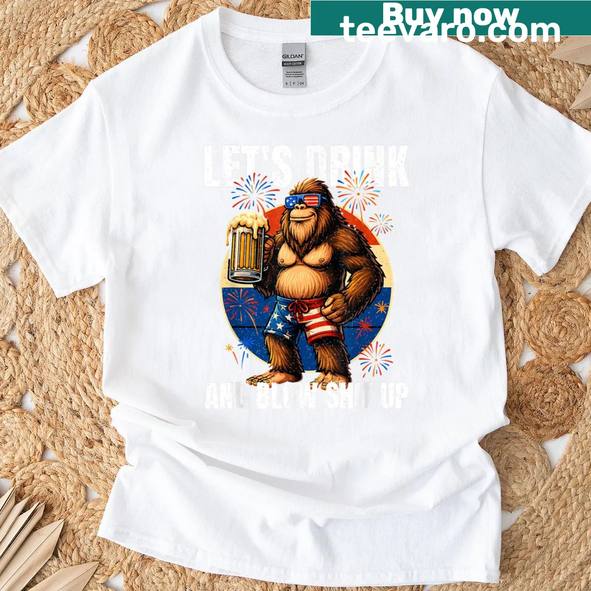 Bigfoot illustration with beer and festive text for Fourth of July — on a men's t-shirt