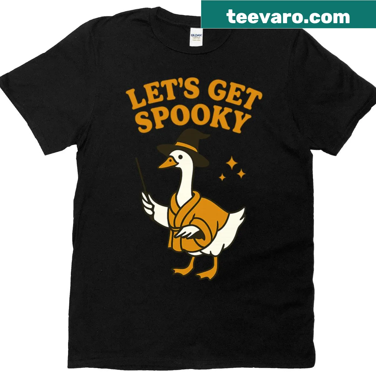 Cute Halloween t-shirt featuring a cartoon goose in a witch costume — on a men's t-shirt