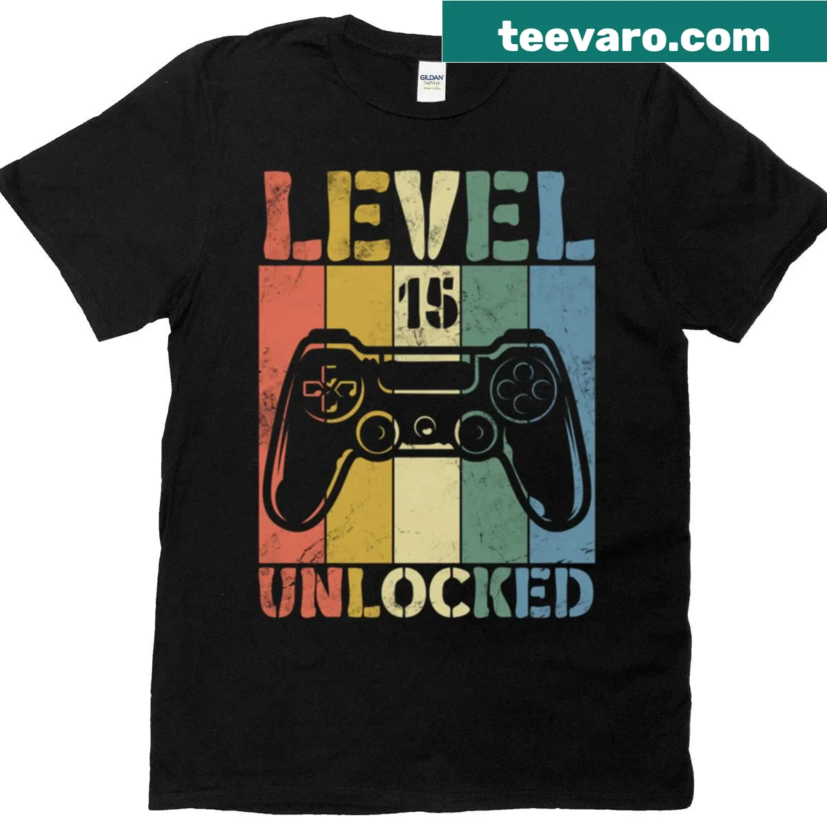 Happy Birthday T-shirt with Level 15 Unlocked graphic — on a men's t-shirt