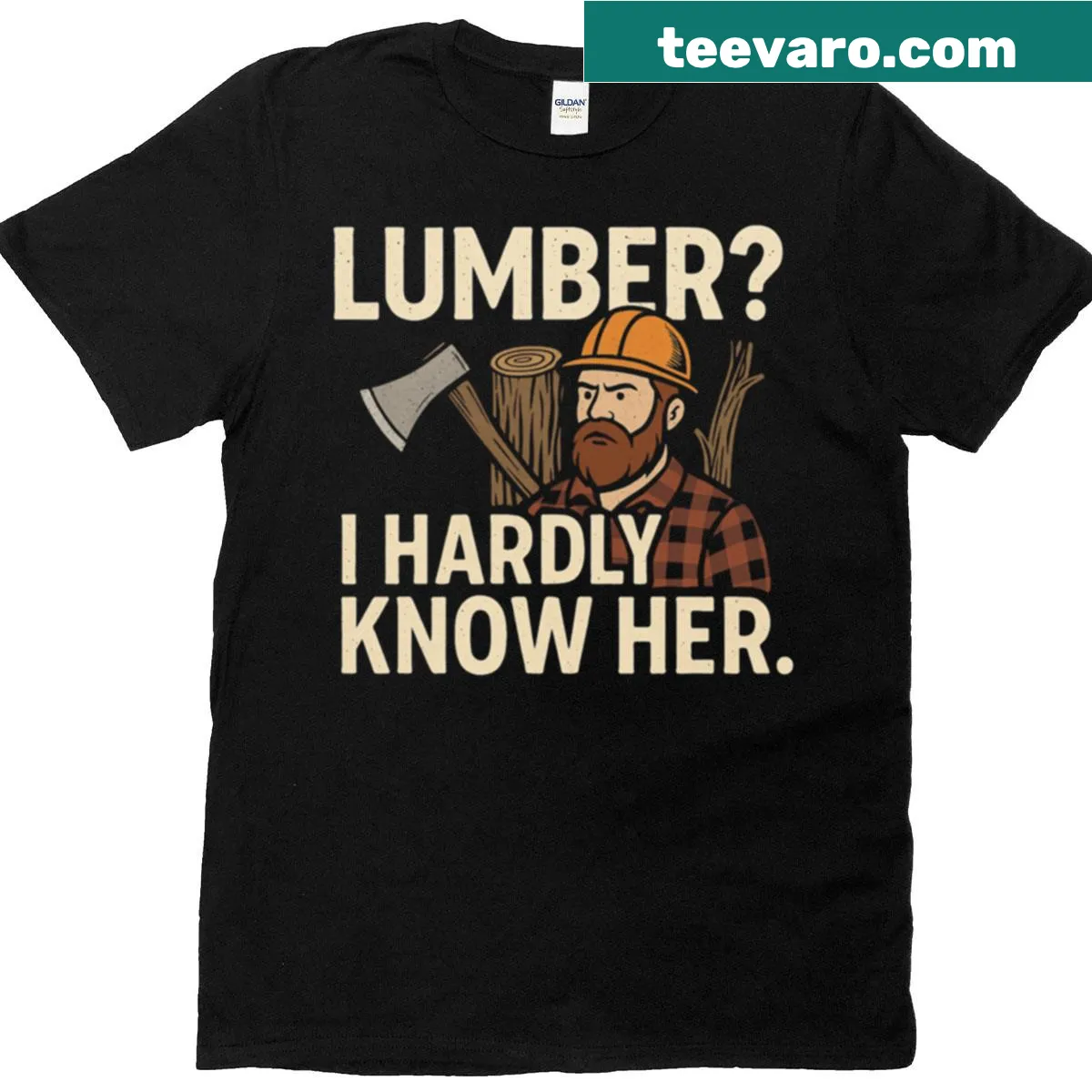 Funny cartoon T-shirt with a lumberjack theme and pun — on a men's t-shirt