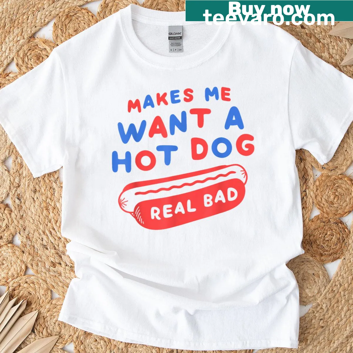 Funny Fourth of July hot dog t-shirt with humorous slogan — on a men's t-shirt