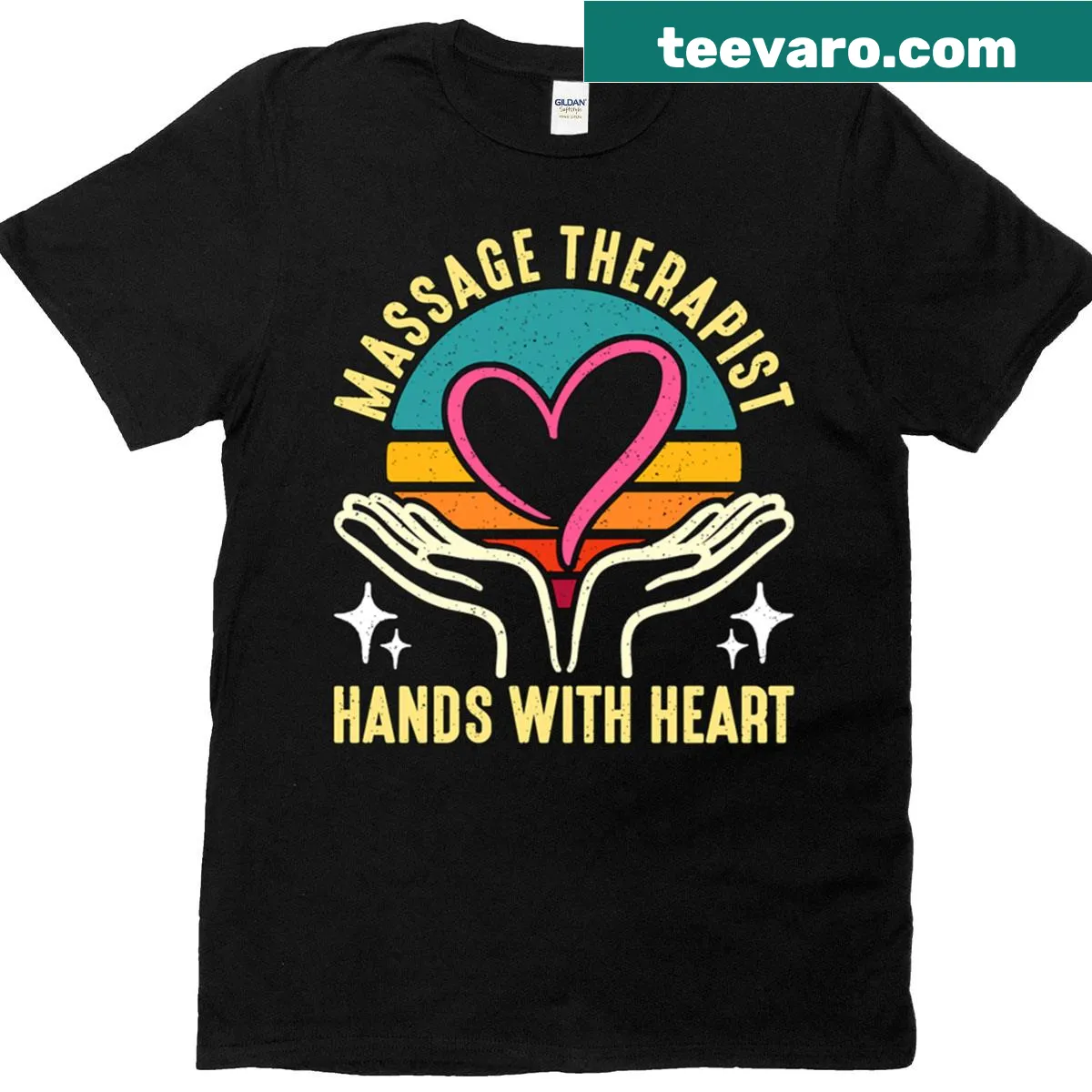 Graphic T-shirt featuring hands forming a heart for massage therapists — on a men's t-shirt