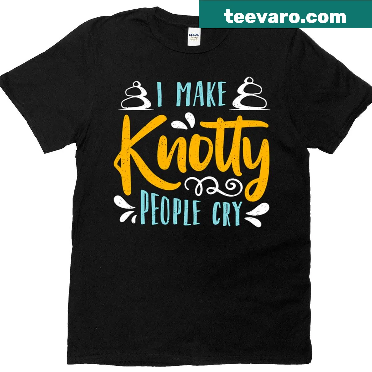 Humorous T-shirt for massage therapists with 'I Make Knotty People Cry' text — on a men's t-shirt