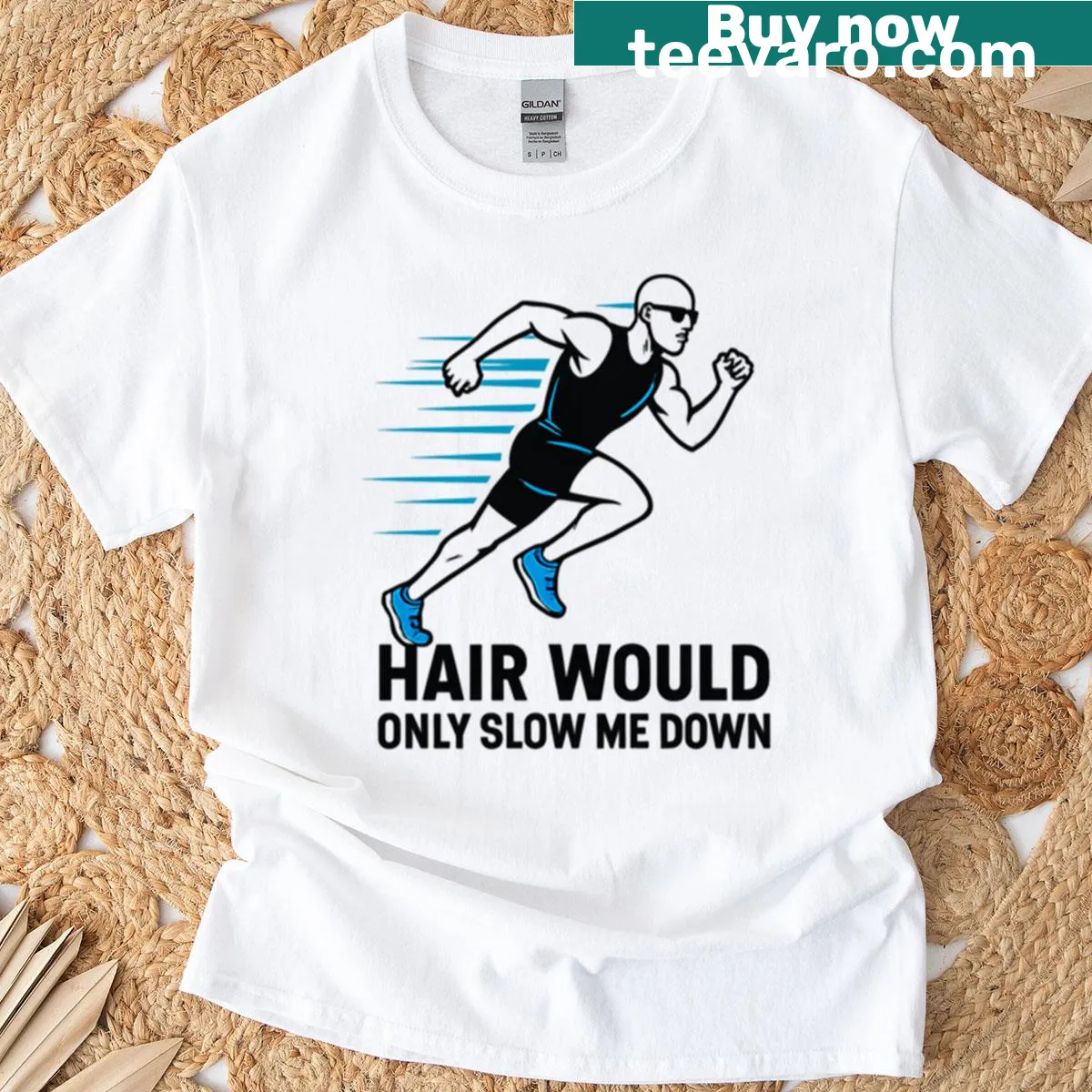 Funny T-shirt for runners saying 'Hair Would Only Slow Me Down' — on a men's t-shirt