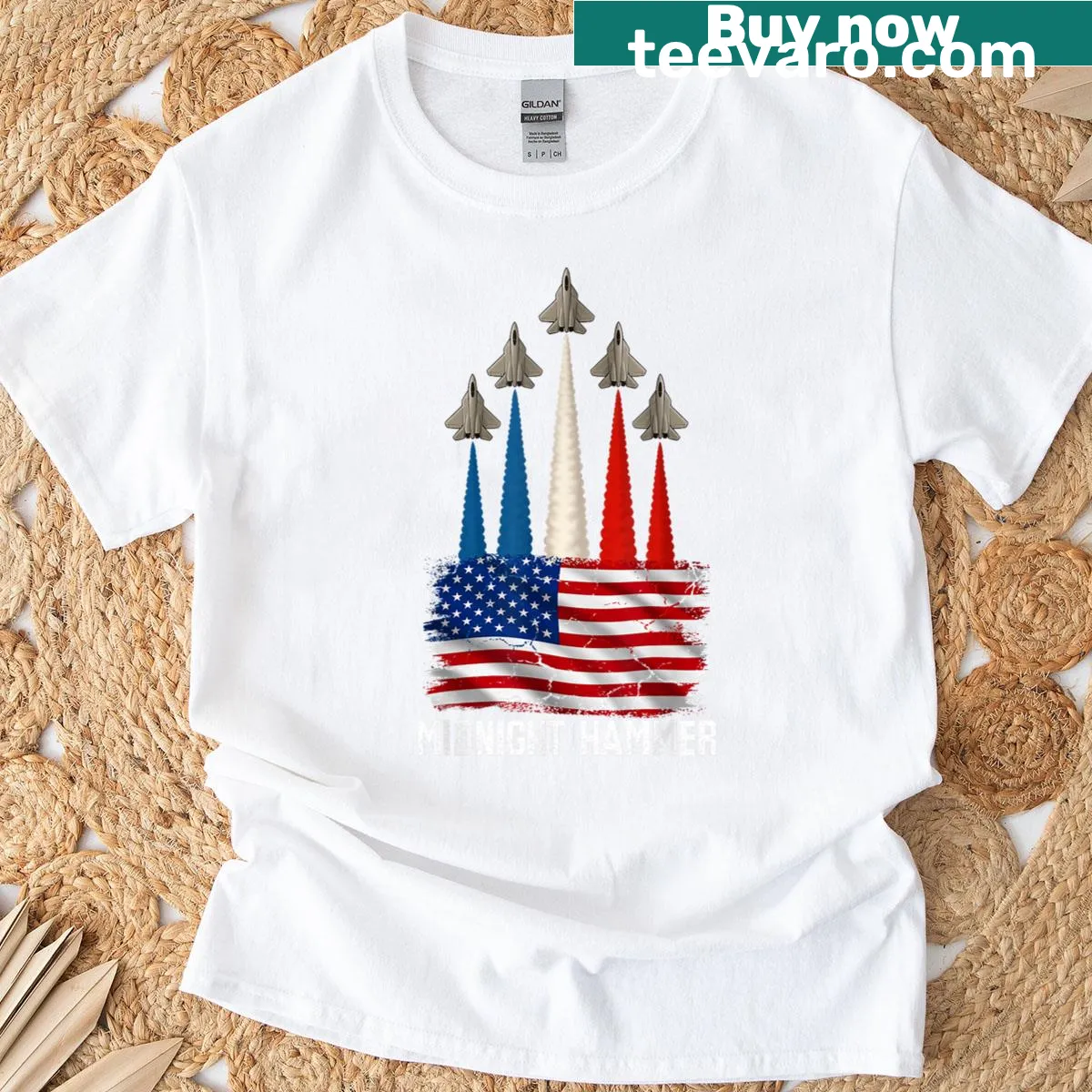 Fighter jet graphic shirt representing American patriotism — on a men's t-shirt