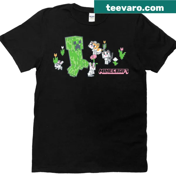 Minecraft Creeper with bunnies and cats in a pixel garden T-shirt