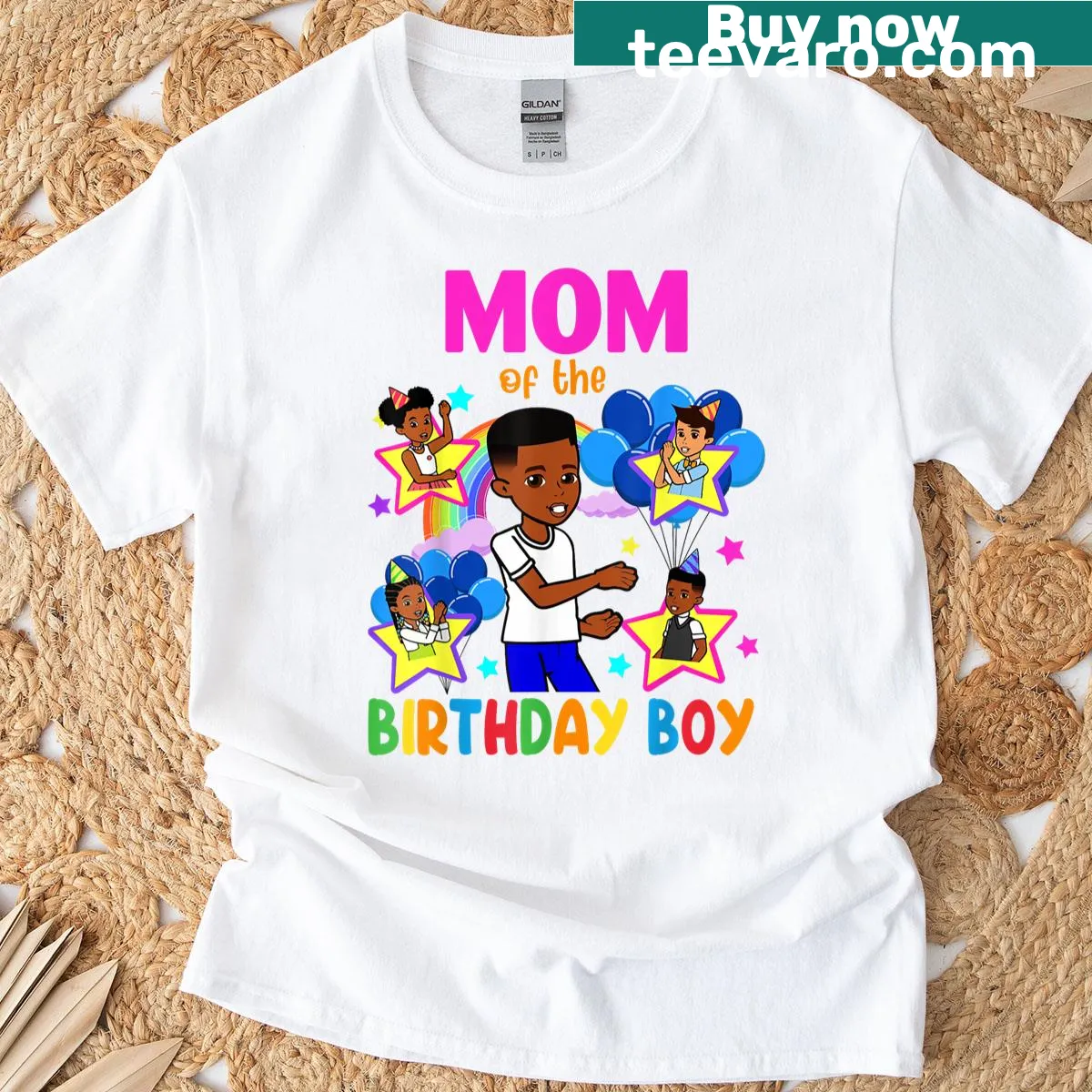 Mom of Birthday Boy t-shirt with playful text — on a men's t-shirt