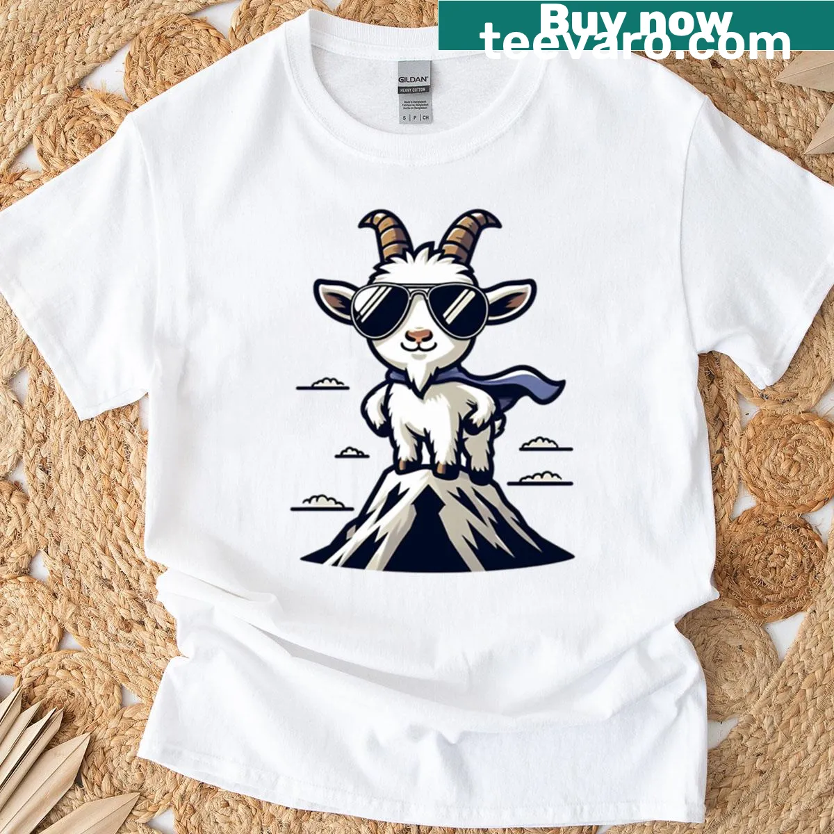Cartoon mountain goat in sunglasses for outdoor lovers — on a men's t-shirt