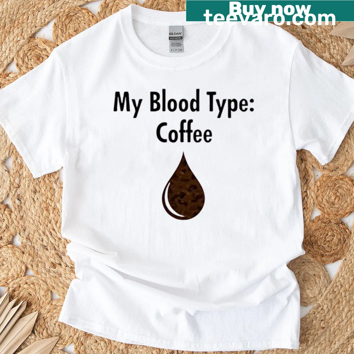 Funny coffee quote t-shirt with coffee drop illustration — on a men's t-shirt