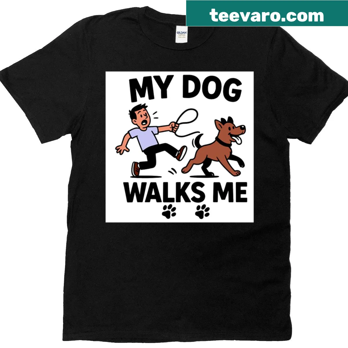 Oversized t-shirt with humorous text 'My Dog Walks Me' — on a men's t-shirt