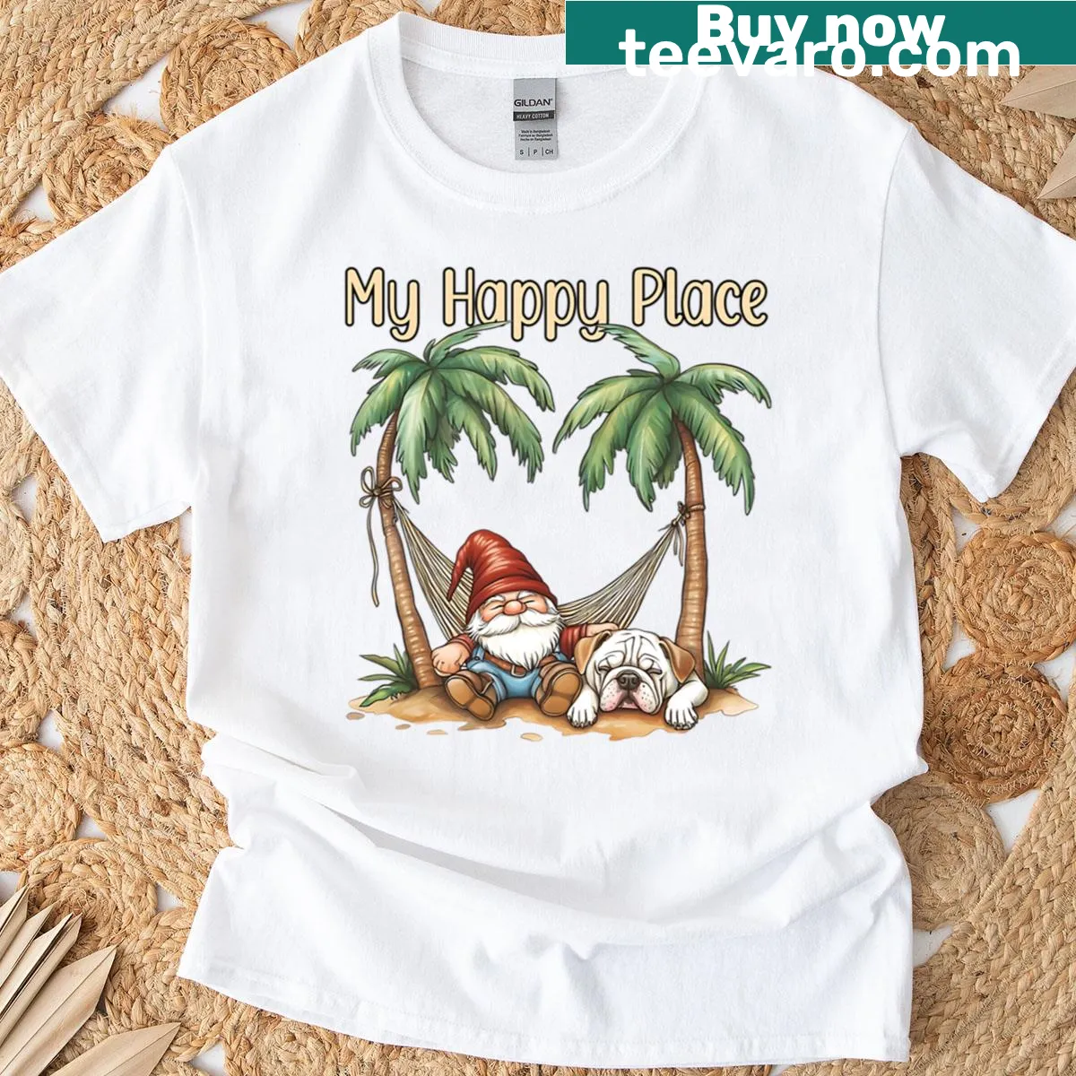 Whimsical gnome and bulldog graphic on a summer vacation t-shirt — on a men's t-shirt
