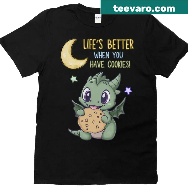 Cute t-shirt featuring a cookie-loving dragon surrounded by cookies