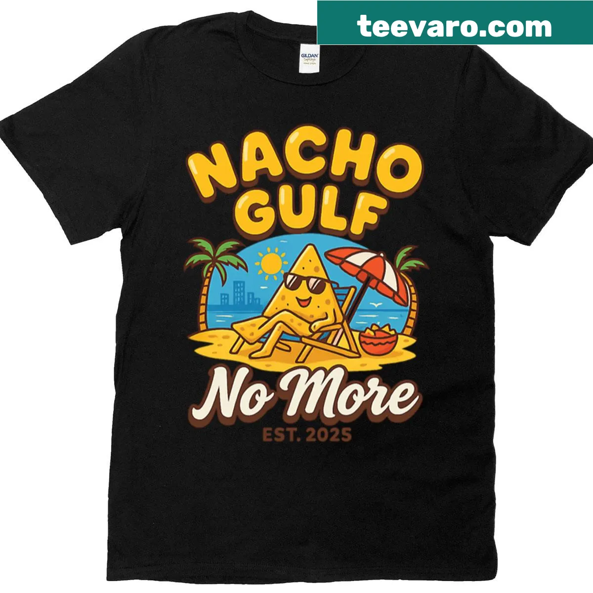 Funny summer beach t-shirt with playful text about nachos — on a men's t-shirt