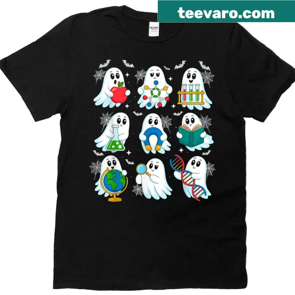 Kids t-shirt featuring a cartoon ghost science teacher for Halloween